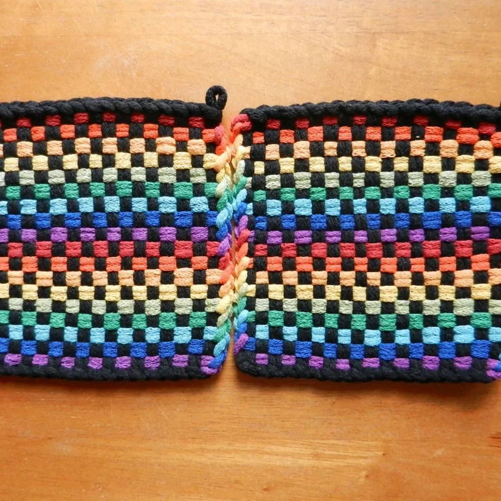 Set of 2 Handmade Artisan Woven Loomed Rainbow Fiesta Potholders Hot PadsTrivets